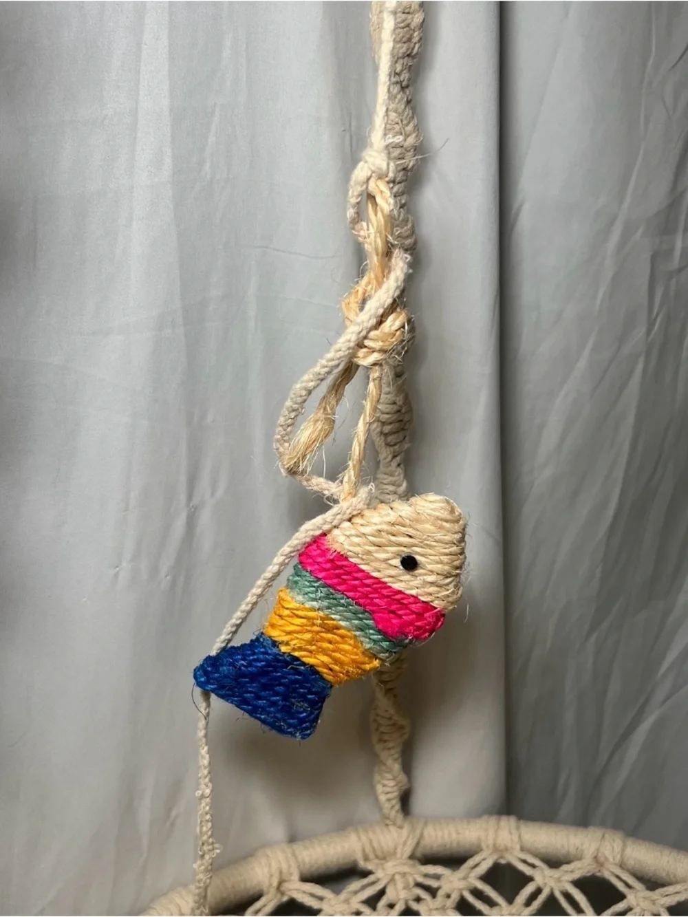 Boho Macrame Hanging Swinging Round Cat Bed With Fish Toy Attachment Gold Chain